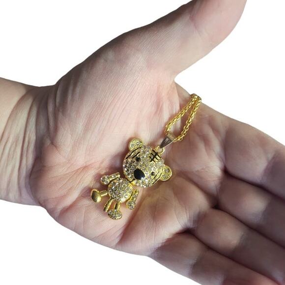 Articulated Gold Tone Black Enamel Round Crystal Teddy Bear Pendant 24" Chain - Picture 4 of 6